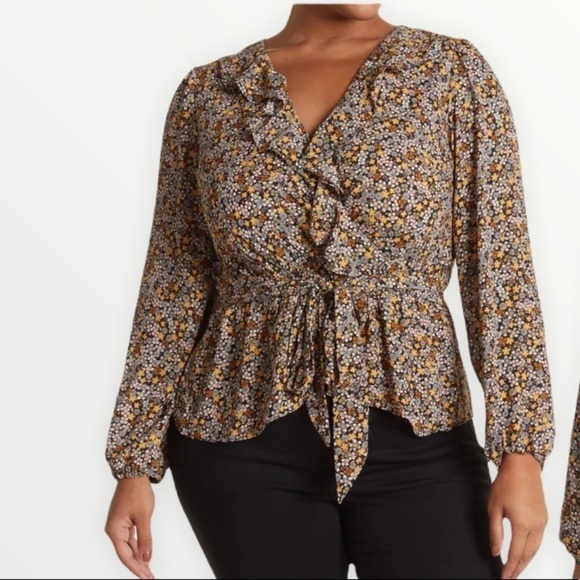 Max Studio Floral Ruffle Wrap Peplum Long Sleeve Top Small - Picture 5 of 13